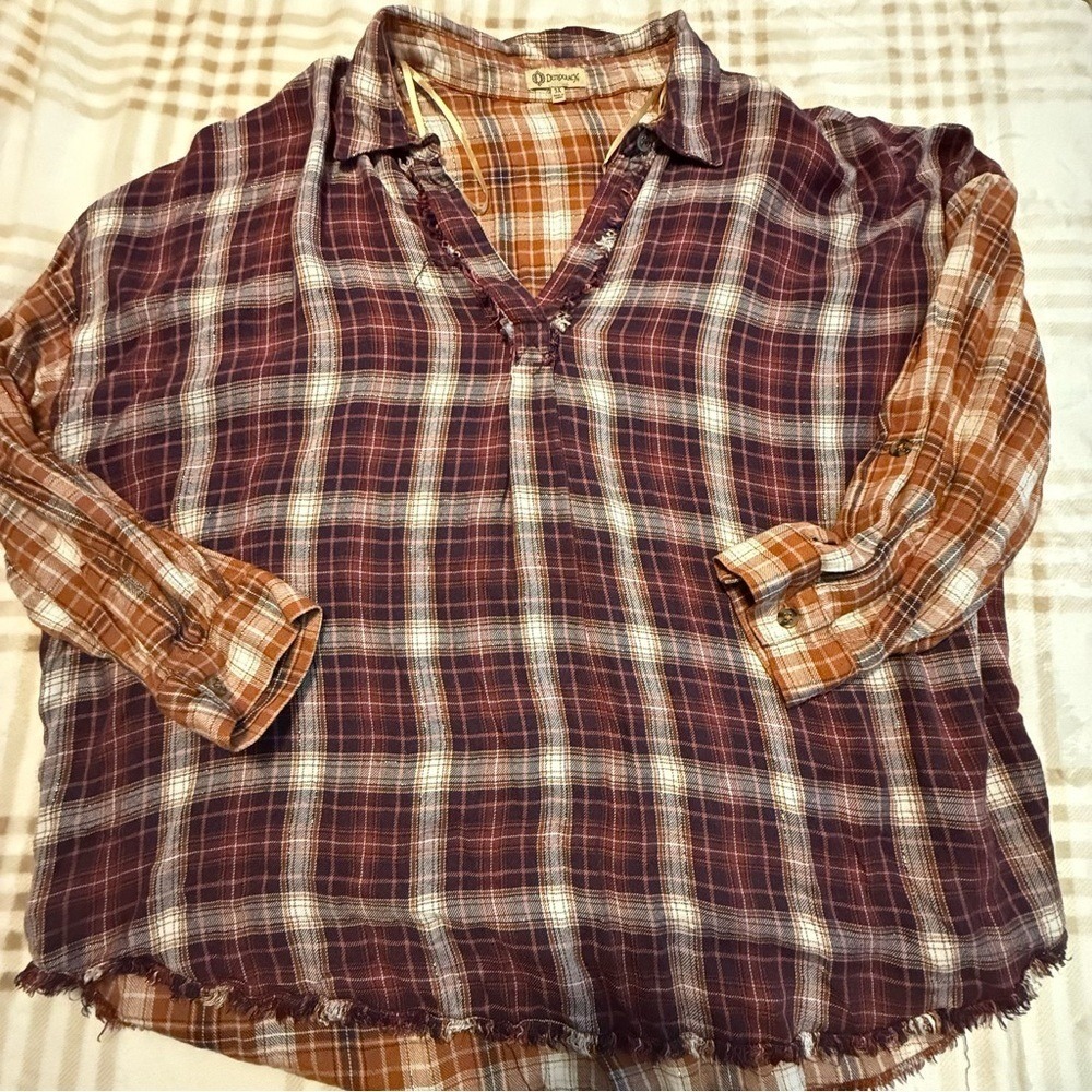 Democracy Womens 3X Plaid Mixed Pattern Frayed Hem Roll Tab Top WIW937SM